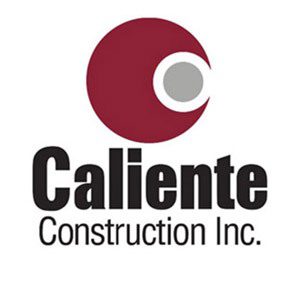 A red and white logo of caliente construction inc.