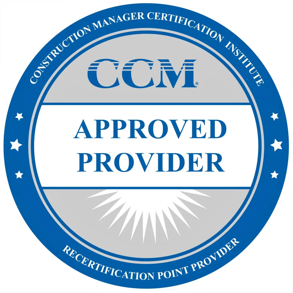 A blue and white seal that says ccm approved provider.