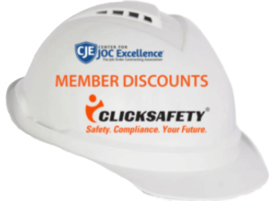 A white hard hat with cjee and clicksafety logos.